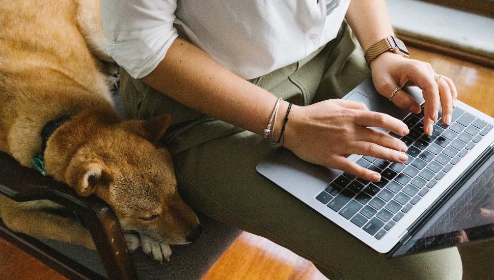 professional woman with dog by her side