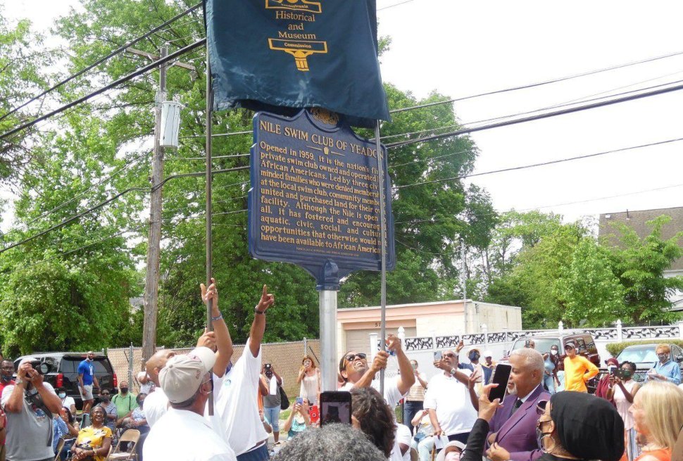 A crowd celebrates installation of a historical marker for the Nile Swim Club in Yeadon.