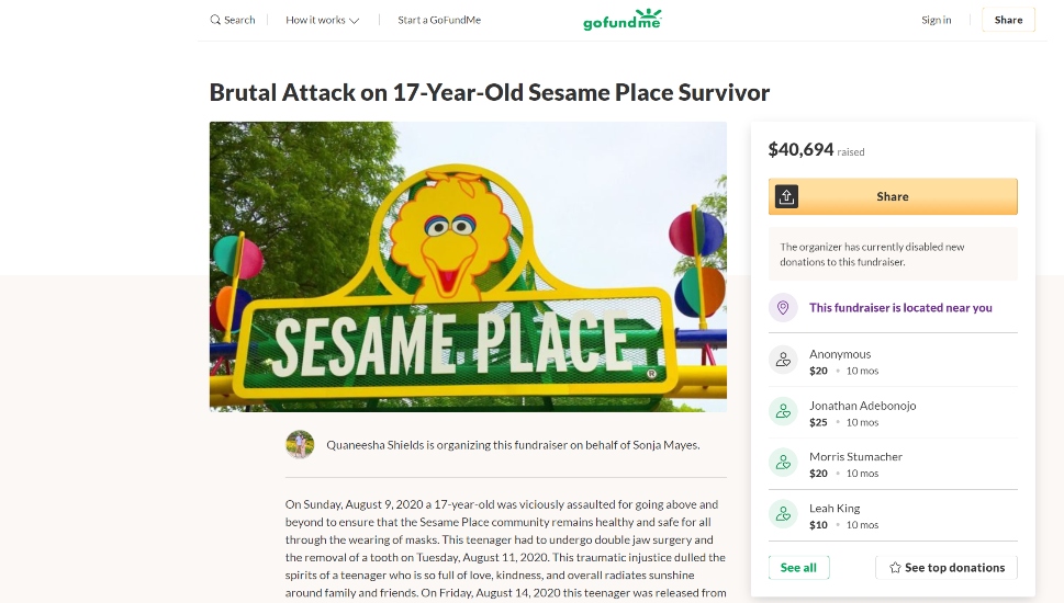 GoFundMe page for injured Sesame Place employee