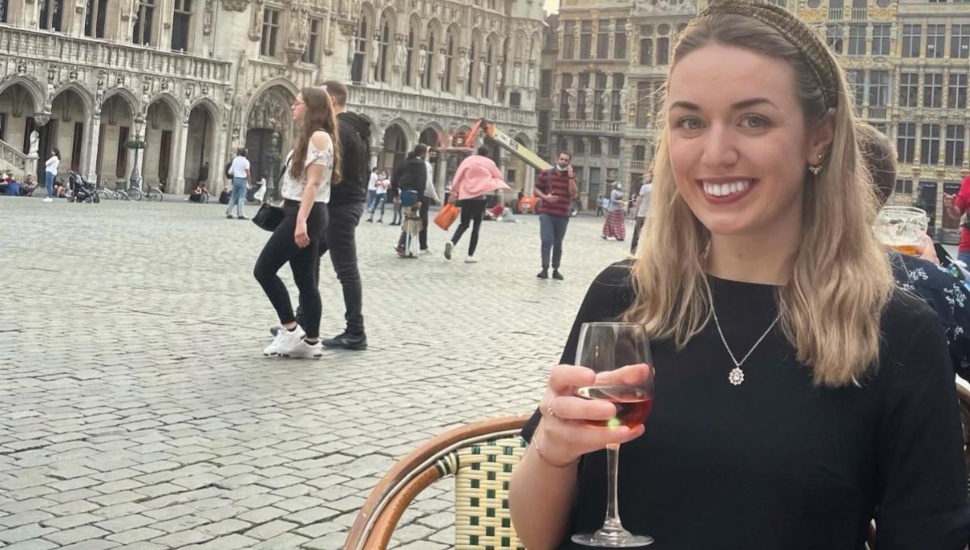 Maureen Breslin enjoys some down time between assignments in the main square of Brussels.