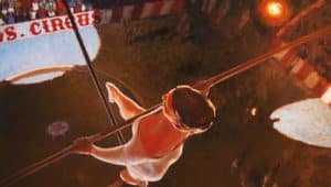 painting of a man walking a tightrope