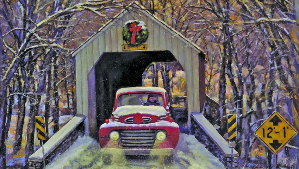 painting of a truck on a bridge