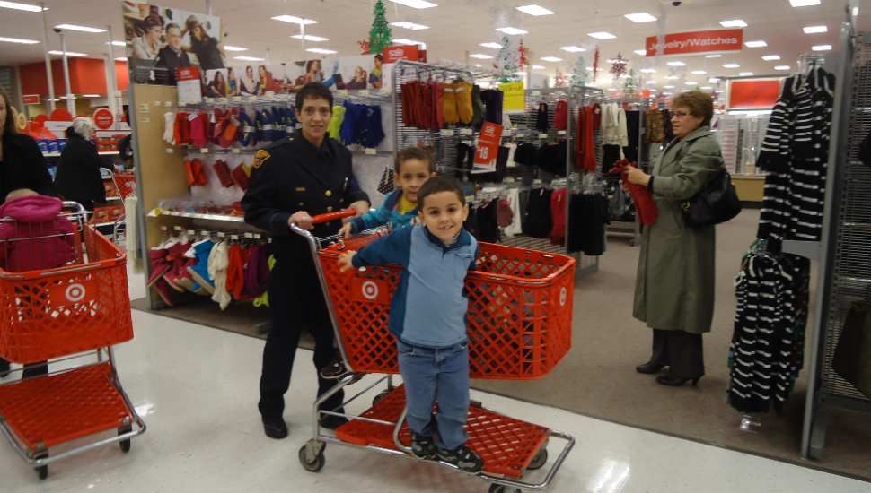 woman and kids and shopping cart