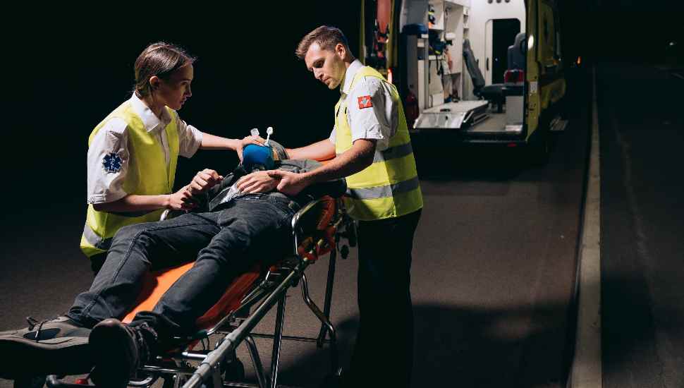 woman, man with stretcher
