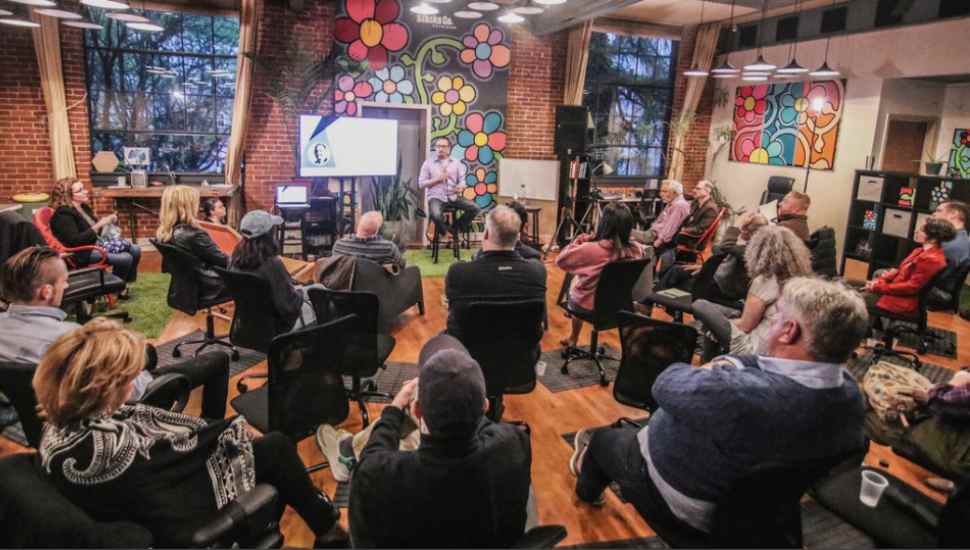 people in a colorful room