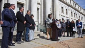 : Delaware County Council Chair Dr. Monica Taylor leads the COVID-19 vigil at the Media Courthouse.