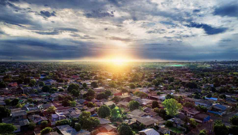 houses at sunset