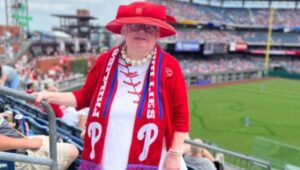 Michelle Leonard, The Hat Lady, at a Phillies game at Citizens Park.