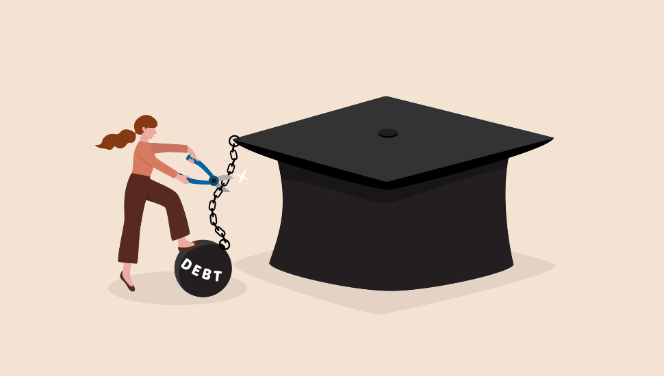 woman chained to mortarboard