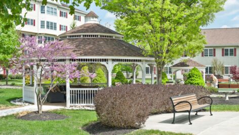 A gazebo and the outside of the retirement community, Freedom Village at Brandywine