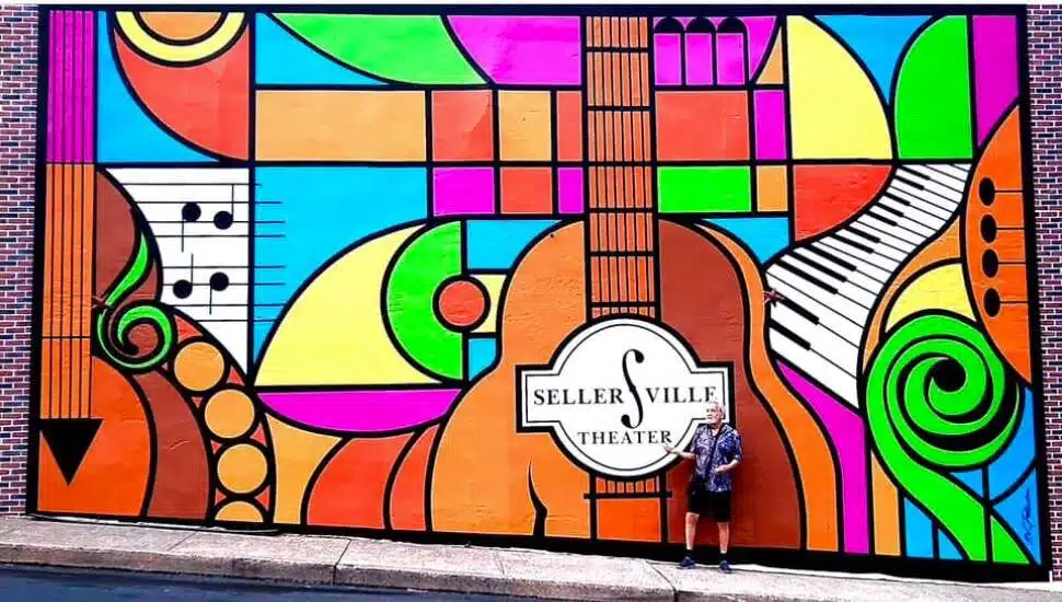 A colorful mural outside the Sellersville Theater