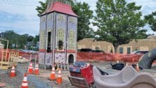 A Fonthill Castle-Themed playground in Newtown Square is being built. A replica of the Fonthill Castle tower dominates the construction site.