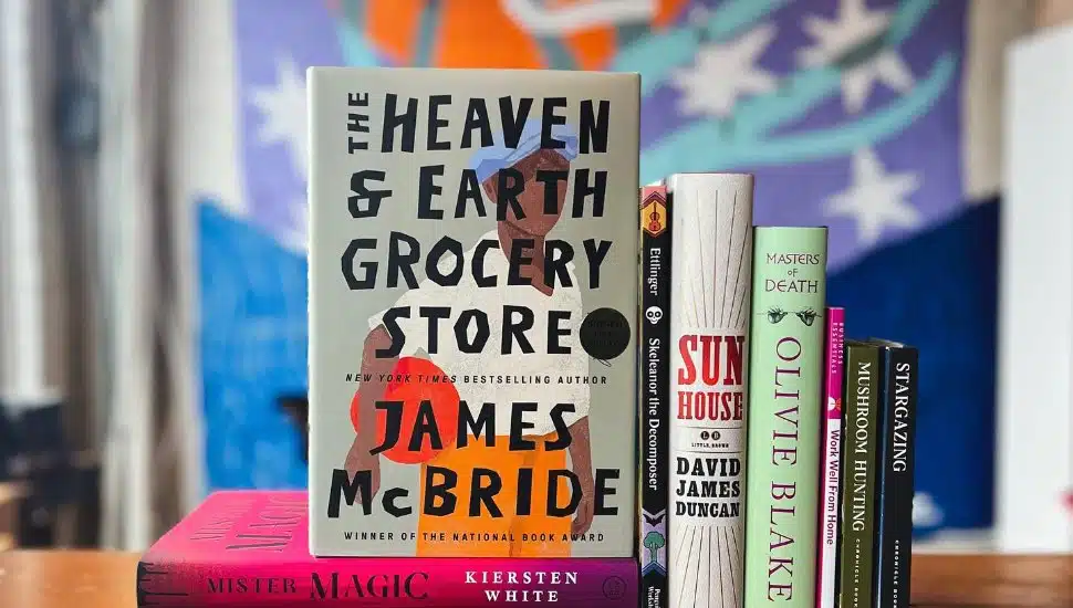 Several novels stacked up and down, side to side