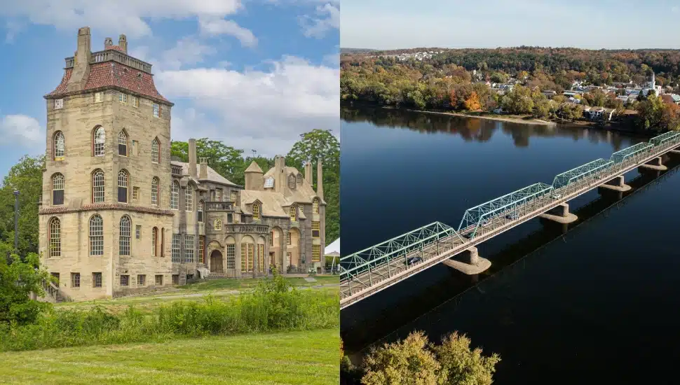 Doylestown's Fonthill Castle (left) and the New Hope-Lambertville Bridge (right)