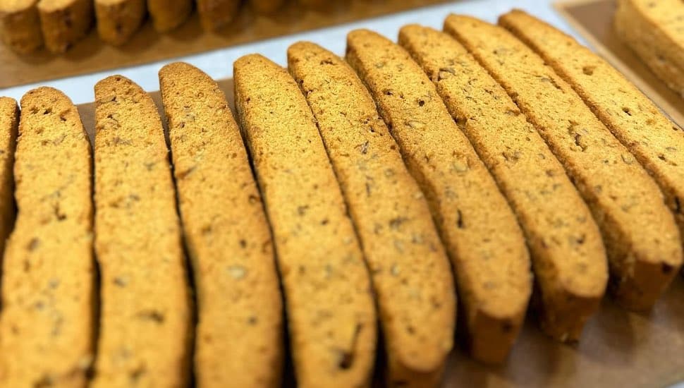 Several trays of biscotti cookies