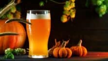 A glass of beer with mini-pumpkins placed next to it