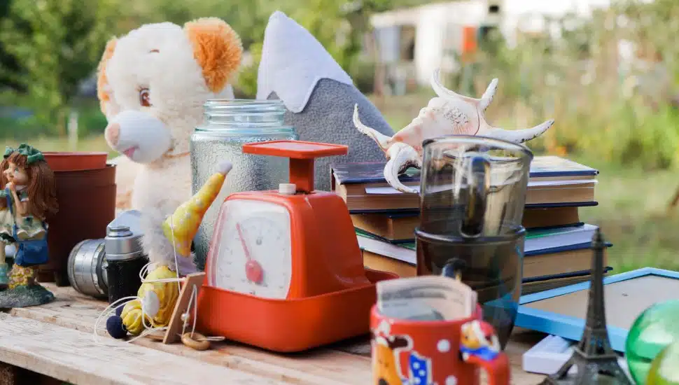 Various knick-knacks on a table outside