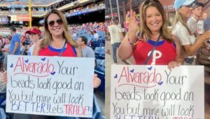 April Bremme with her sign and beaded necklace (left) and her with the player's necklace (right)