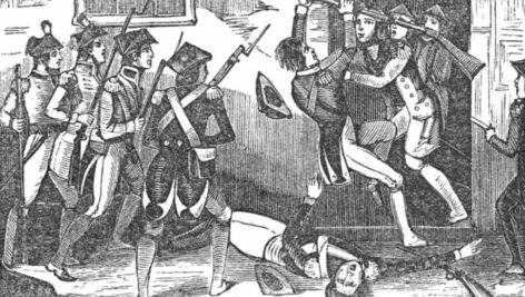 A picture depicting some of the Down being attacked by soldiers