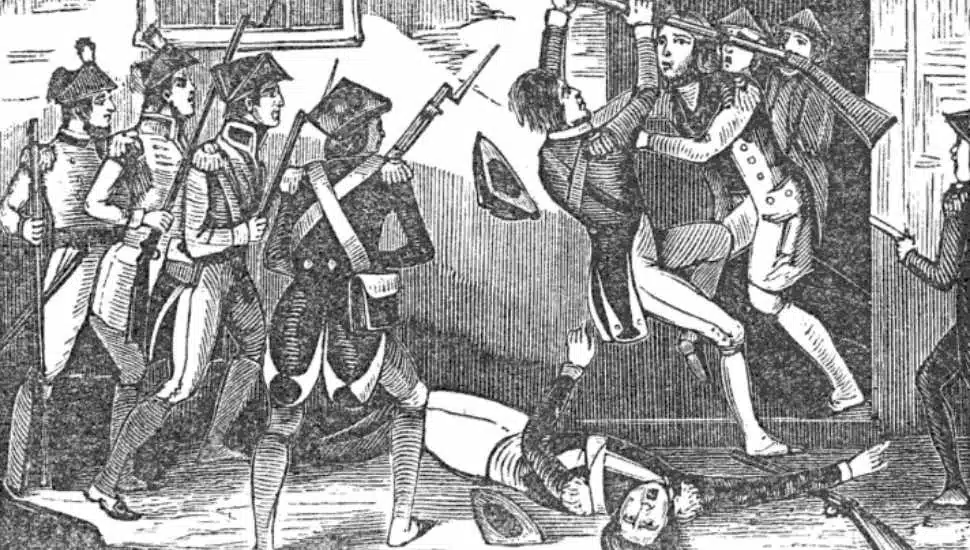 A picture depicting some of the Down being attacked by soldiers