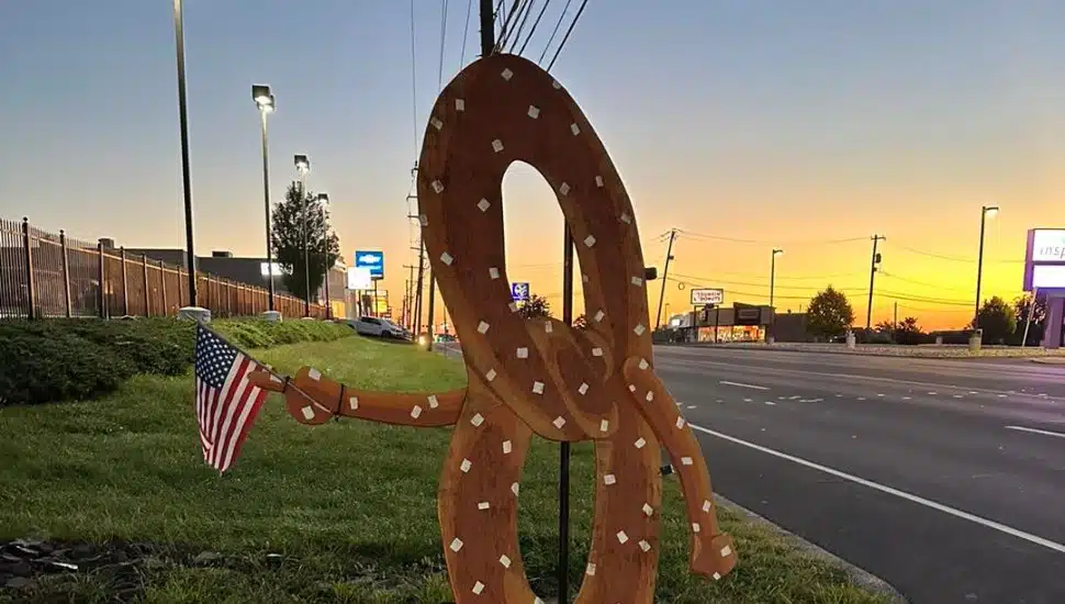The store's mascot, Doughseph, on the side of East Lincoln Highway