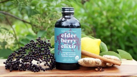 A bottle of Elderberry Elixir for Fields Without Fences