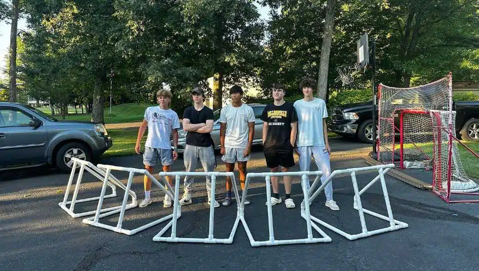 Students from Pennridge High School with hockey contraptions