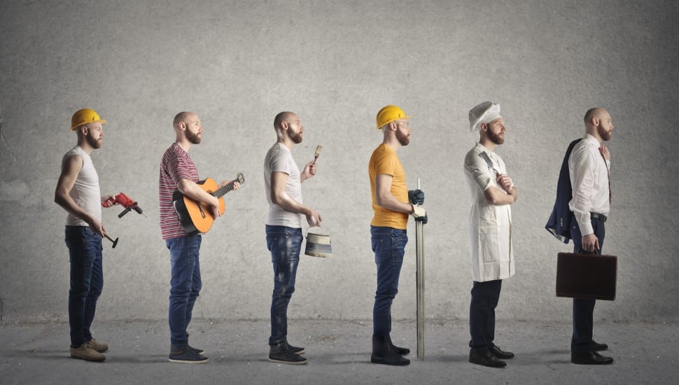 A man in different kind of occupations, construction worker, repairman, musician, chef, businessman