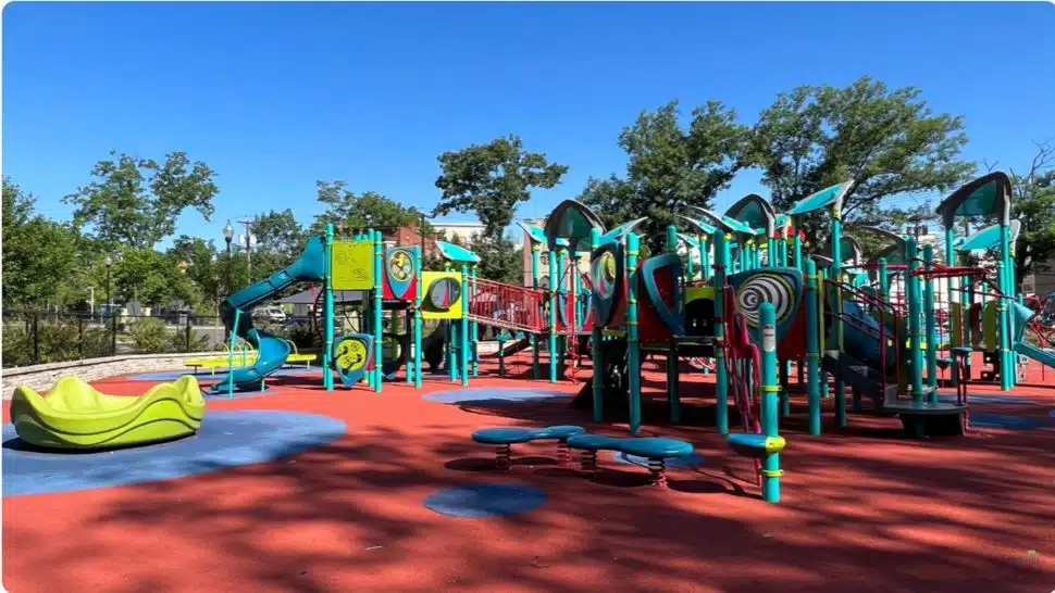 An overview of the Watsessing Park Playground in Bloomfield, New Jersey.