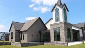 Exterior of Grace Church designed by Mann-Hughes Architecture in Bethlehem that showcases stone facade