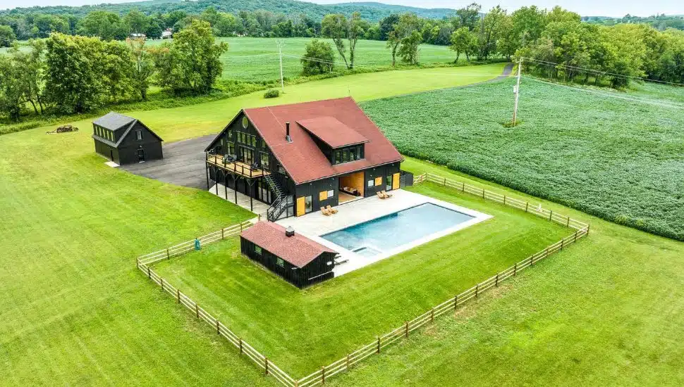 Birds-eye-view of Riegelsville Modern Farmhouse on 90 acres