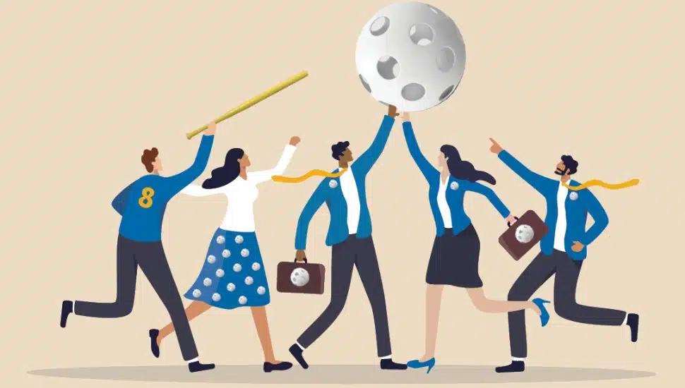 corporate memphis rendering of professional employees playing wiffleball