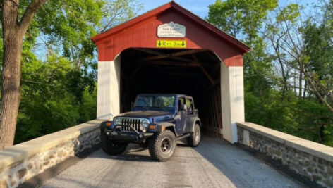Bucks County jeep in covered bridge