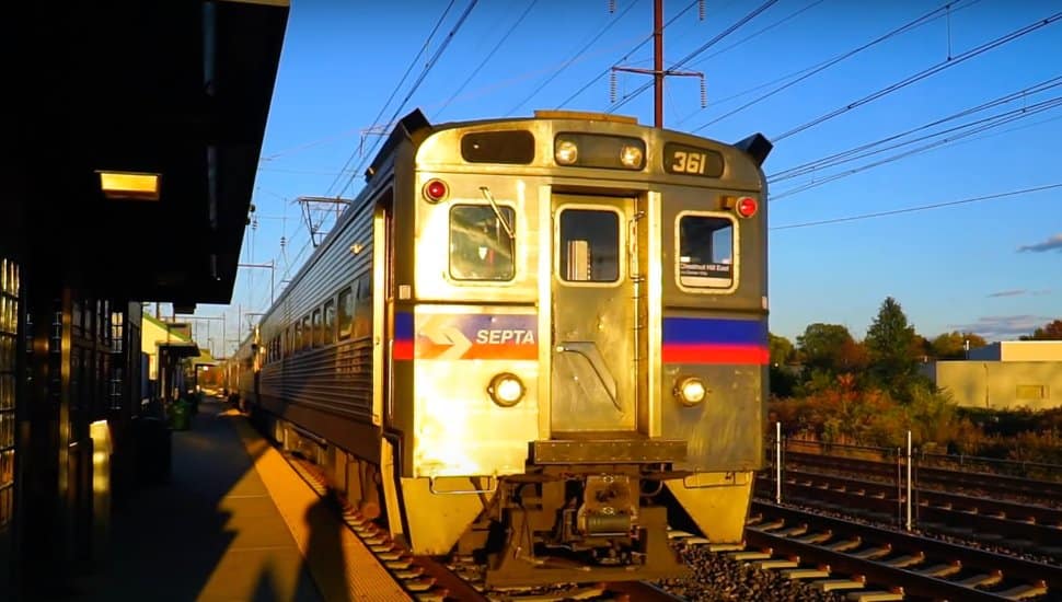 Still of SEPTA train during Golden Hour entering Cornwells Station