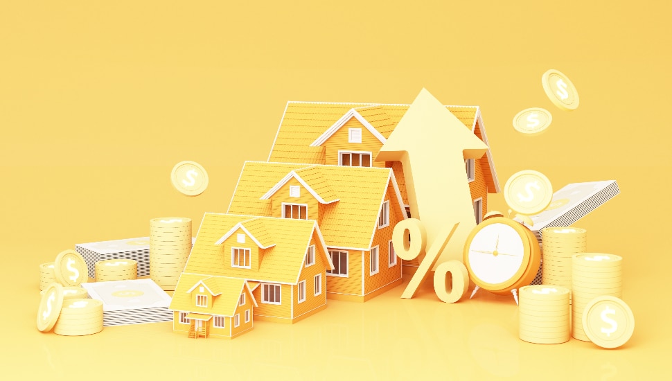 big arrow symbol Higher Interest Rates for Home Real Estate Ideas Savings on real estate of financial stability and growth and space for entering text on a yellow background, realistic 3D rendering.