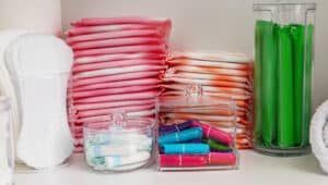 Storage of different feminine hygiene products in cabinet