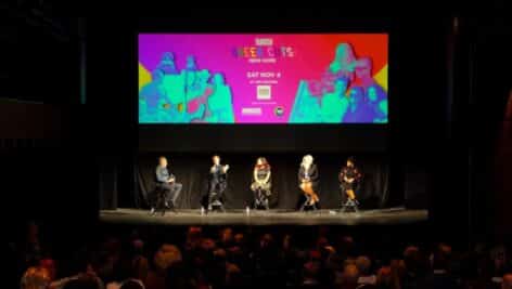 filmmakers speaking on panel at Queer Cuts New Hope event on stage bucks county playhouse