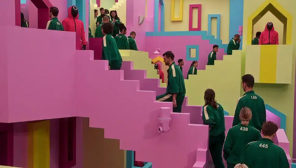Squid game competitors walking on set