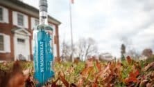ants eye view perspective of Summerseat Vodka bottle on leaf-filled grass in front of summerseat historic mansion
