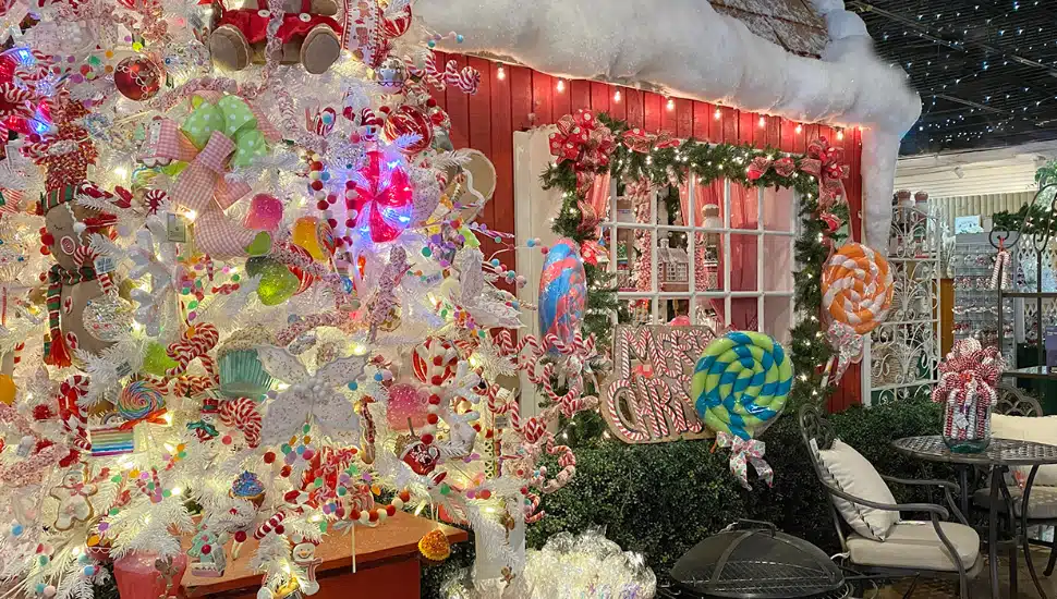 Feeney's storefront with an abundance of Christmas decorations and lights