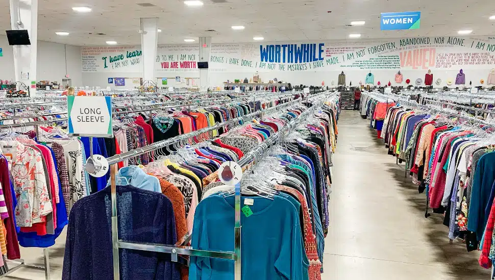 Worthwhile Thrift Store interior rows of clothing