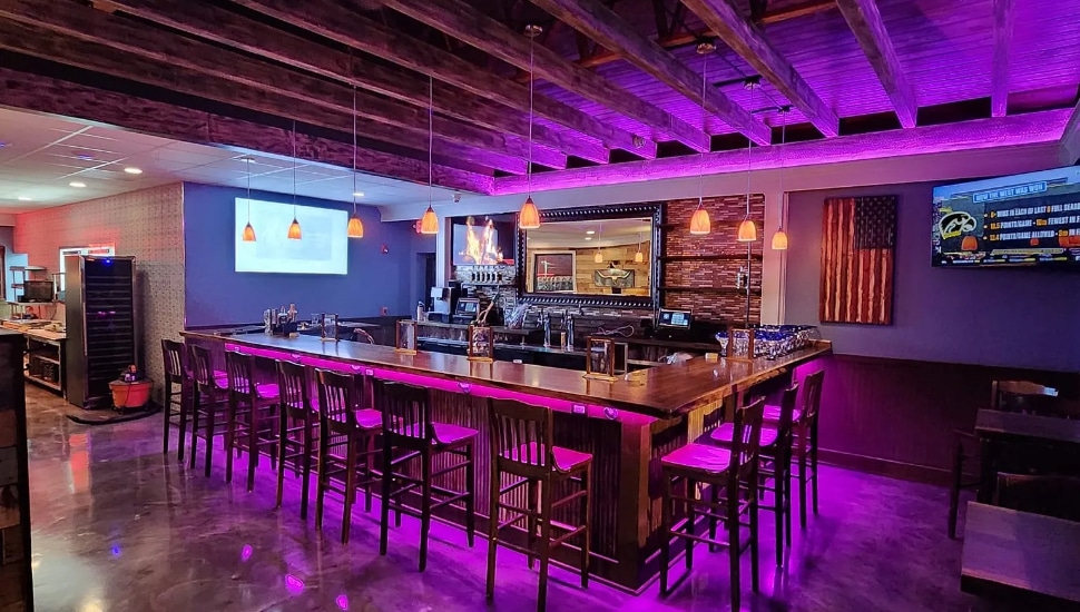 Yardley Distillery Tex Mex Grill interior bar purple lighting