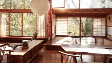 room with wood furniture from george nakashima woodworking, and natural lighting