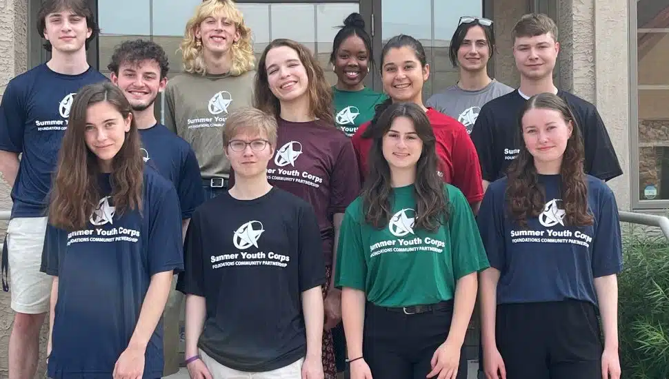 The 2023 Summer Youth Corps interns and program supervisor. (Back row from left): Aidan Frantz, Elijah Morrison, Supervisor Amanosi Agbugui, Emma Yanowsky. (Center row from left): Reed Stoltz, Celine Ferrari, Kathryn Thistlewaite, Michael Brewer. (Front row from left): Rylee Megargle, Greta Karcher, Madlyn Mondoil, Chloe Elias.
