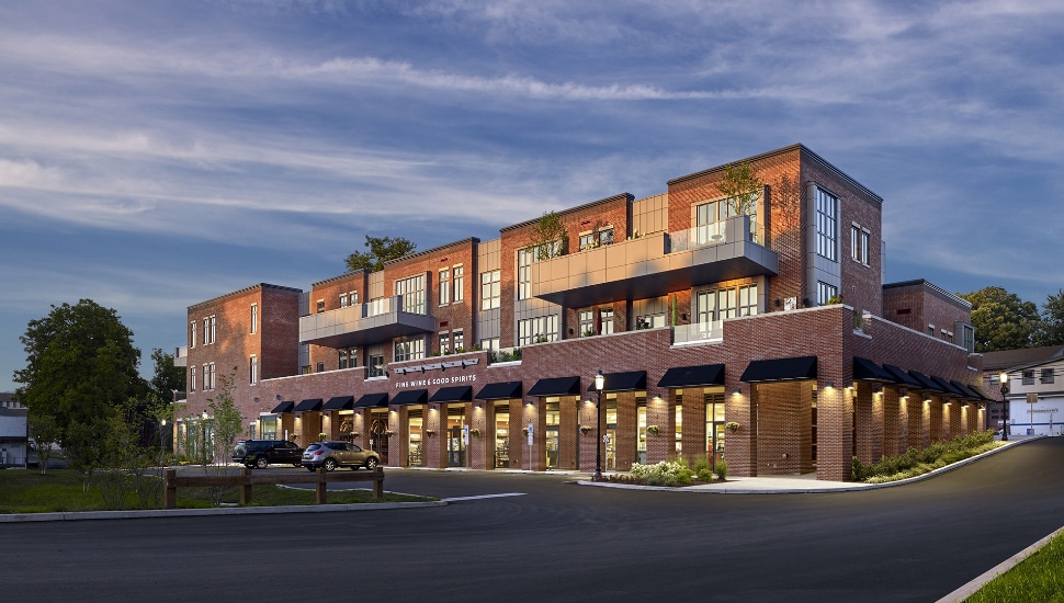 rendering of proposed mixed use building in Newtown exterior