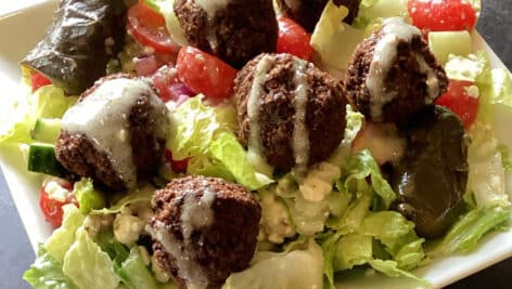 close up of falafel salad