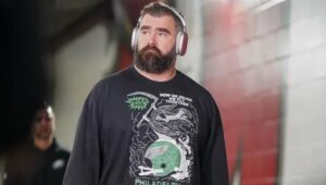 Jason Kelce in Underdog Apparel sweatshirt designed by local artist.