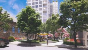 A rendering of a new 25-story apartment building in West Conshohocken.