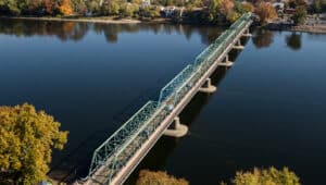 birds eye view of New Hope-Lambertvilel bridge across Delaware River