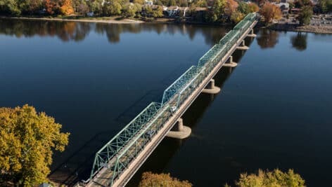 birds eye view of New Hope-Lambertvilel bridge across Delaware River